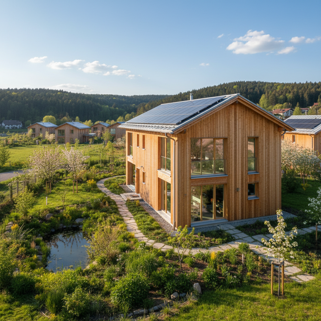 Realistische foto passend bij Is houtskeletbouw geschikt voor BEN-woningen? voor website SEO-tekst;