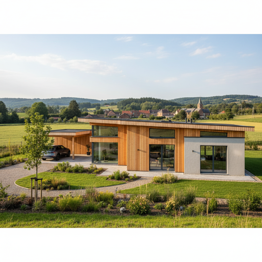 Realistische foto passend bij Wat kost een houtskeletbouw woning in België? voor website SEO-tekst;
