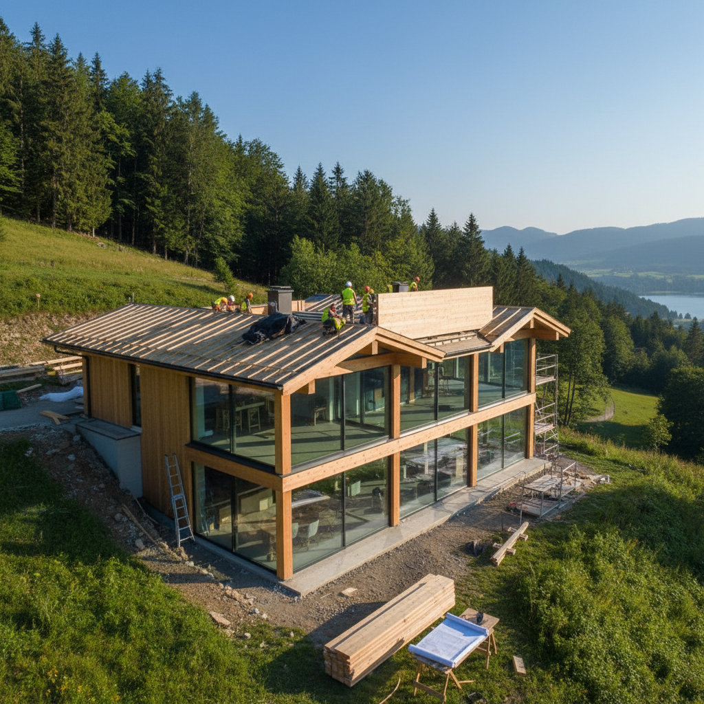 Realistische foto passend bij Kan ik een villa bouwen met houtskeletbouw? voor website SEO-tekst; ho